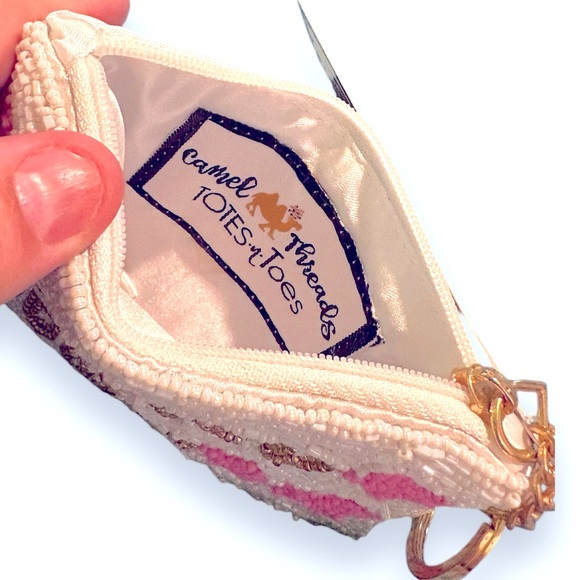 Camel Threads Raised On Dolly Beaded Coin Purse Small Pouch White Gold Pink Star - Picture 6 of 9